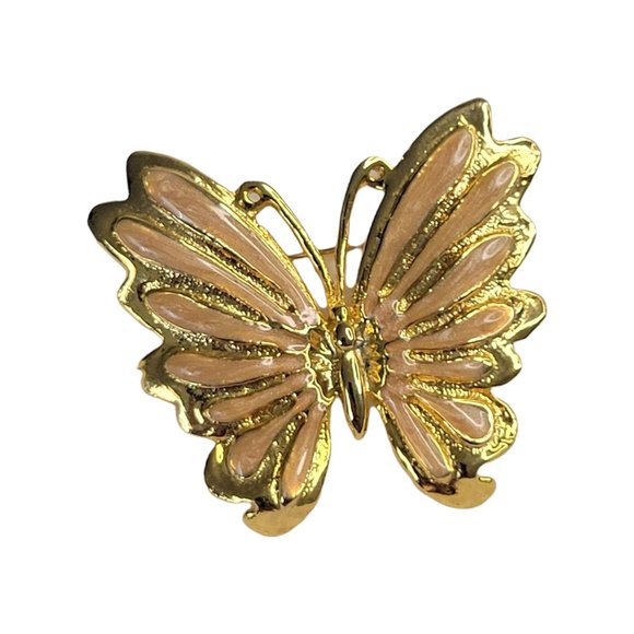 AAI Peach Enamel Butterfly Brooch Pin Gold Tone Iridescent Vintage 1 3/4" - Picture 2 of 8